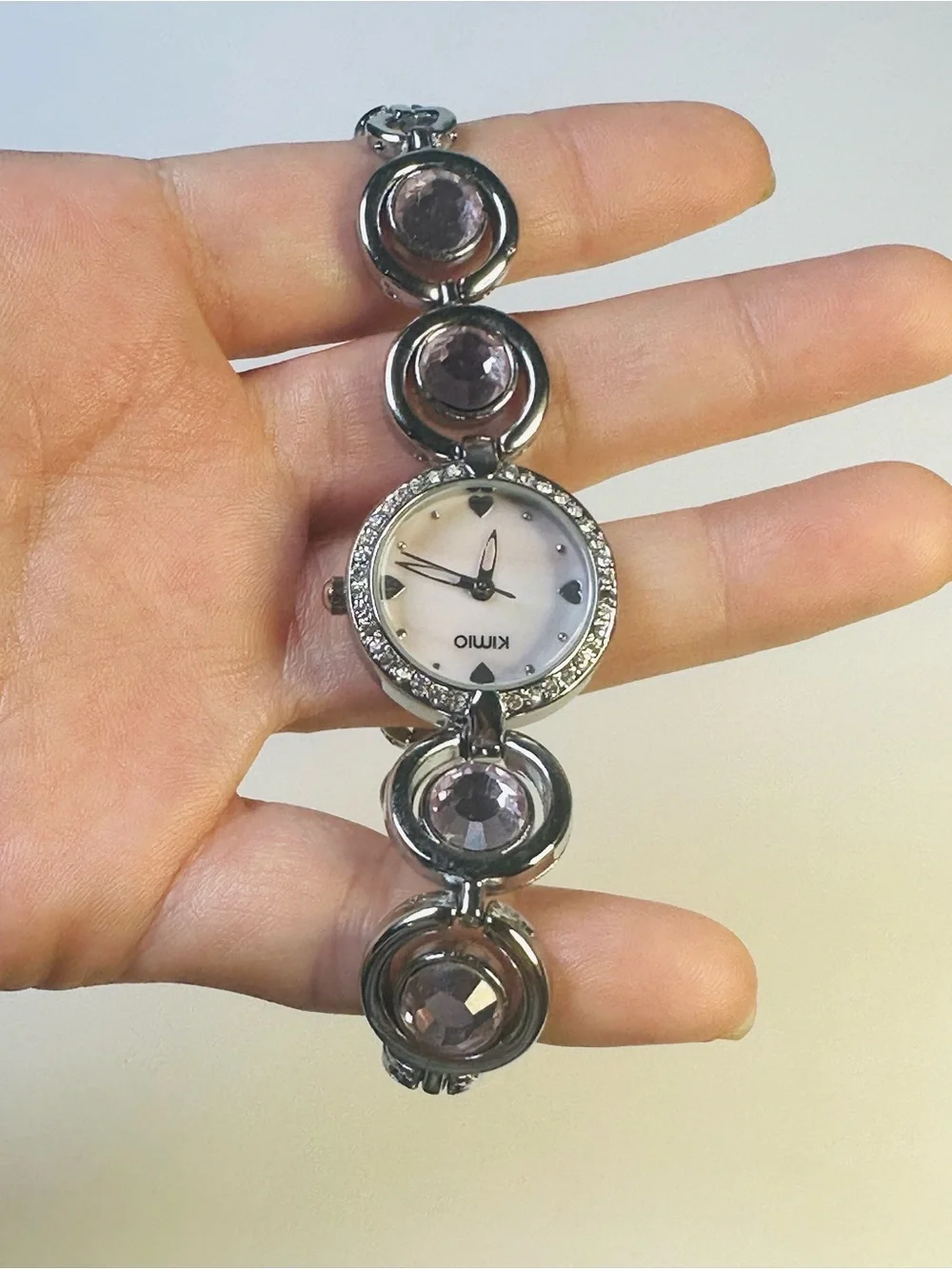 Silver Bracelet Watch with Pink Crystal Accents
